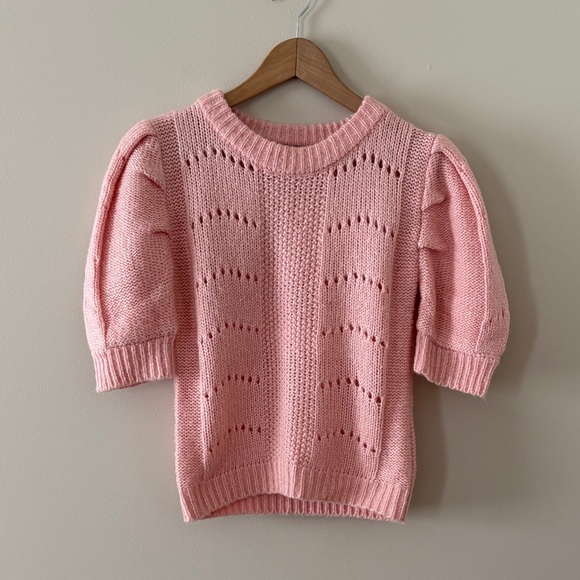 English Factory Short Puff Pleated Sleeve Sweater Chunky Knit Pale Pink Size XS - Picture 2 of 12